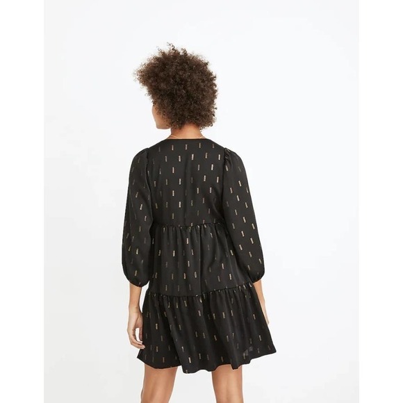 Madewell Black & Gold Metallic Jacquard Faux Wrap Tiered Mini Dress XL NWT - Picture 4 of 16
